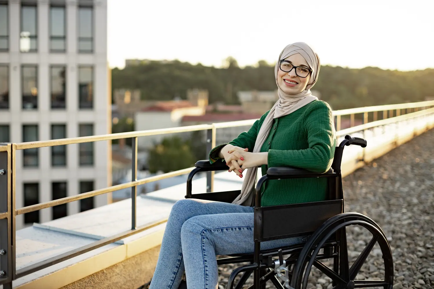 muslim female with disability smiling on panoramic utc